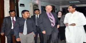 Information Minister Hasanul Haq Inu walks with US Ambassador Dan Mozena in the Secretariat